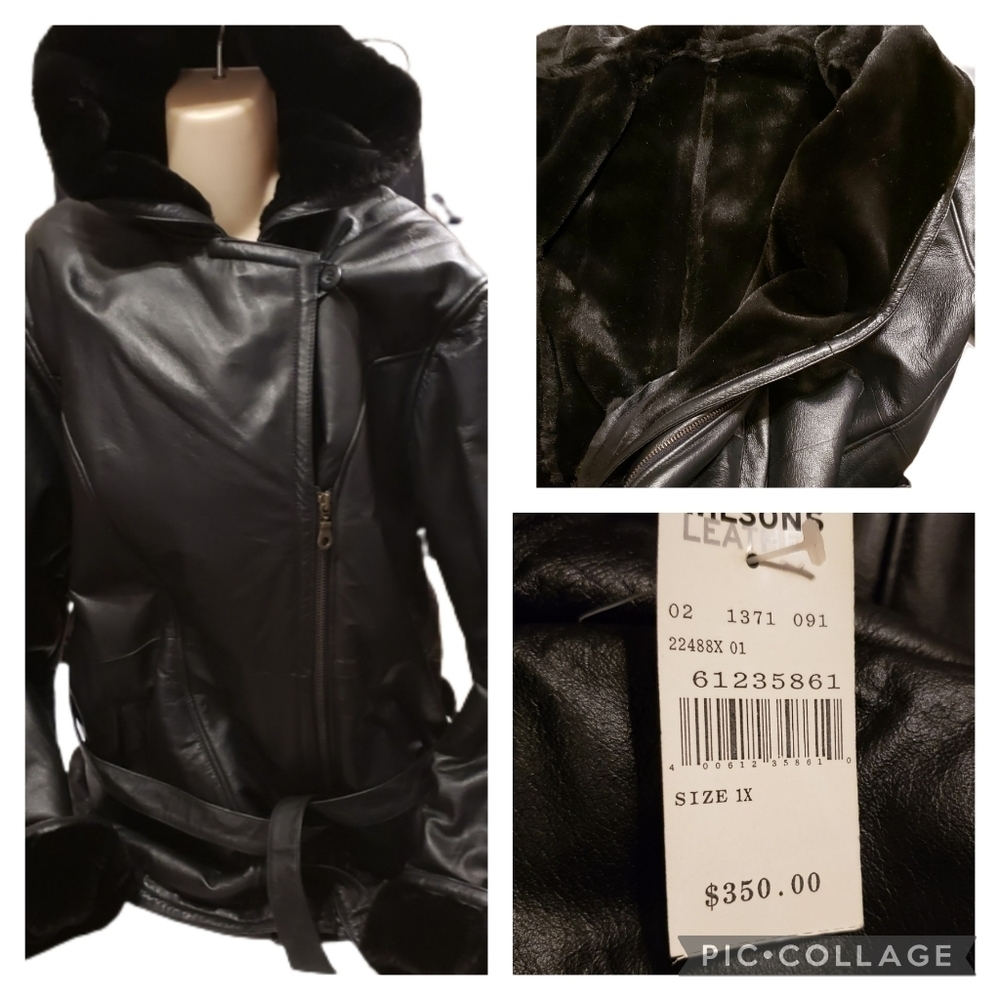 Wilsons Leather Women’s Black Faux Leather Hooded Coat with Faux Fur Trim